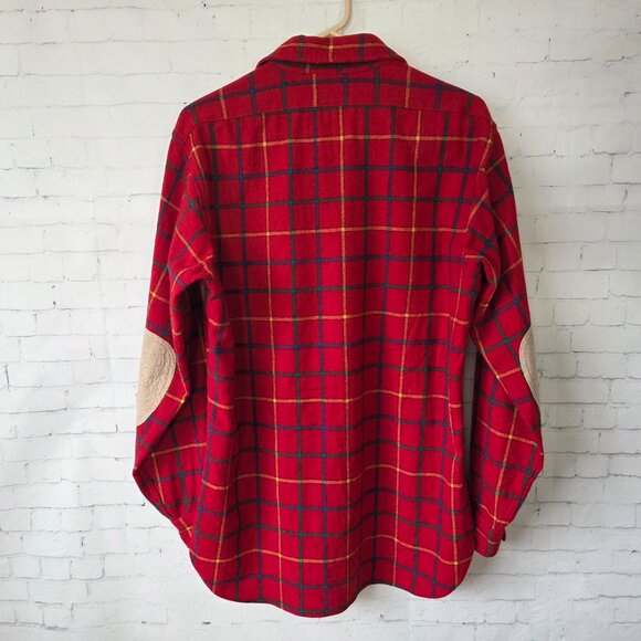 Pendleton VTG 100% Virgin Wool Button Up Shirt Size M Red Plaid Elbow Patches - Picture 7 of 8